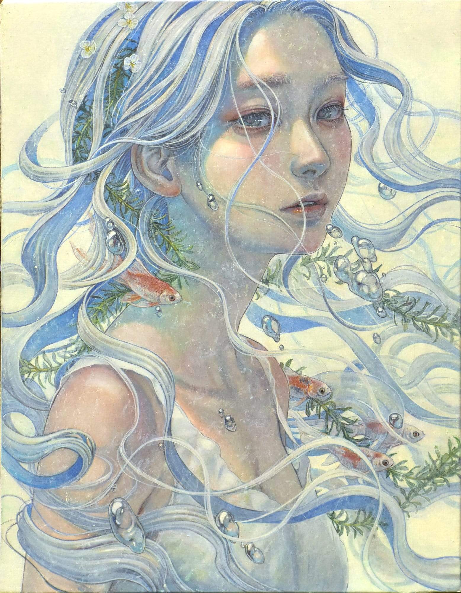 1girl air_bubble bare_shoulders breasts bubble commentary english_commentary eyelashes fish fish_request floating_hair flower hair_flower hair_ornament highres hirano_miho long_hair looking_at_viewer nose nostrils oil_painting_(medium) original painting_(medium) parted_lips solo traditional_media upper_body very_long_hair