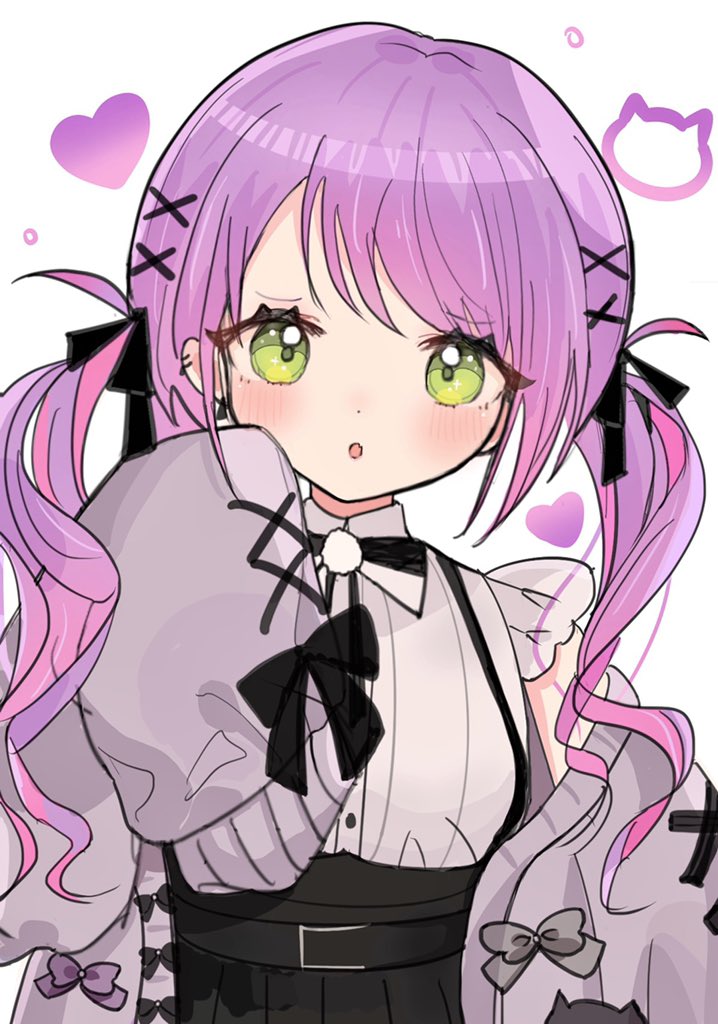 1girl :o bangs bibi_(tokoyami_towa) black_bow black_skirt bow collared_shirt eyebrows_visible_through_hair frilled_shirt frills green_eyes head_tilt heart hololive nini_niniko off_shoulder open_mouth purple_hair purple_sweater shirt skirt sleeveless sleeveless_shirt sleeves_past_fingers sleeves_past_wrists solo suspenders sweater tokoyami_towa twintails upper_body virtual_youtuber white_background white_shirt