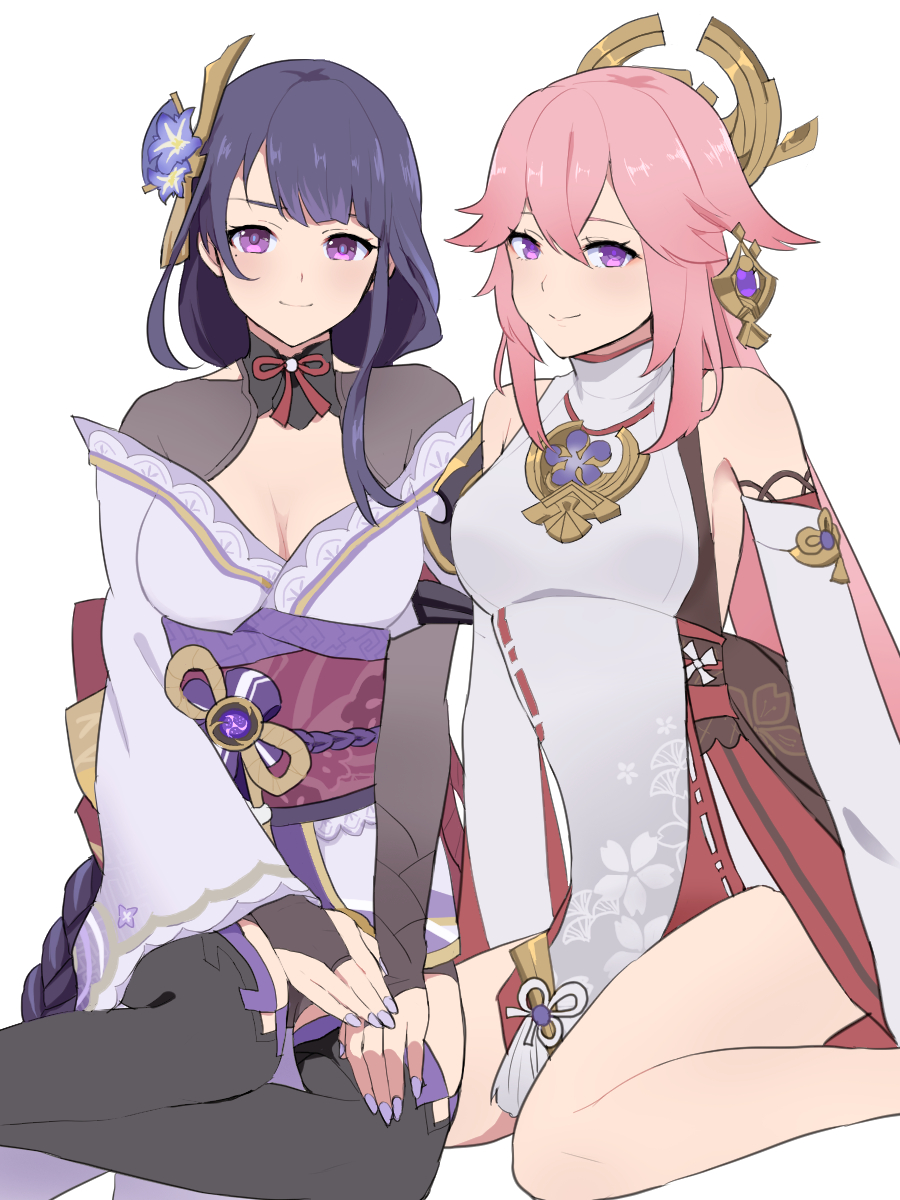 2girls bangs bare_shoulders blunt_bangs genshin_impact hair_ornament highres japanese_clothes kimono long_hair long_sleeves looking_at_viewer miko miro multiple_girls pink_hair purple_hair raiden_shogun smile thigh-highs violet_eyes yae_(genshin_impact)