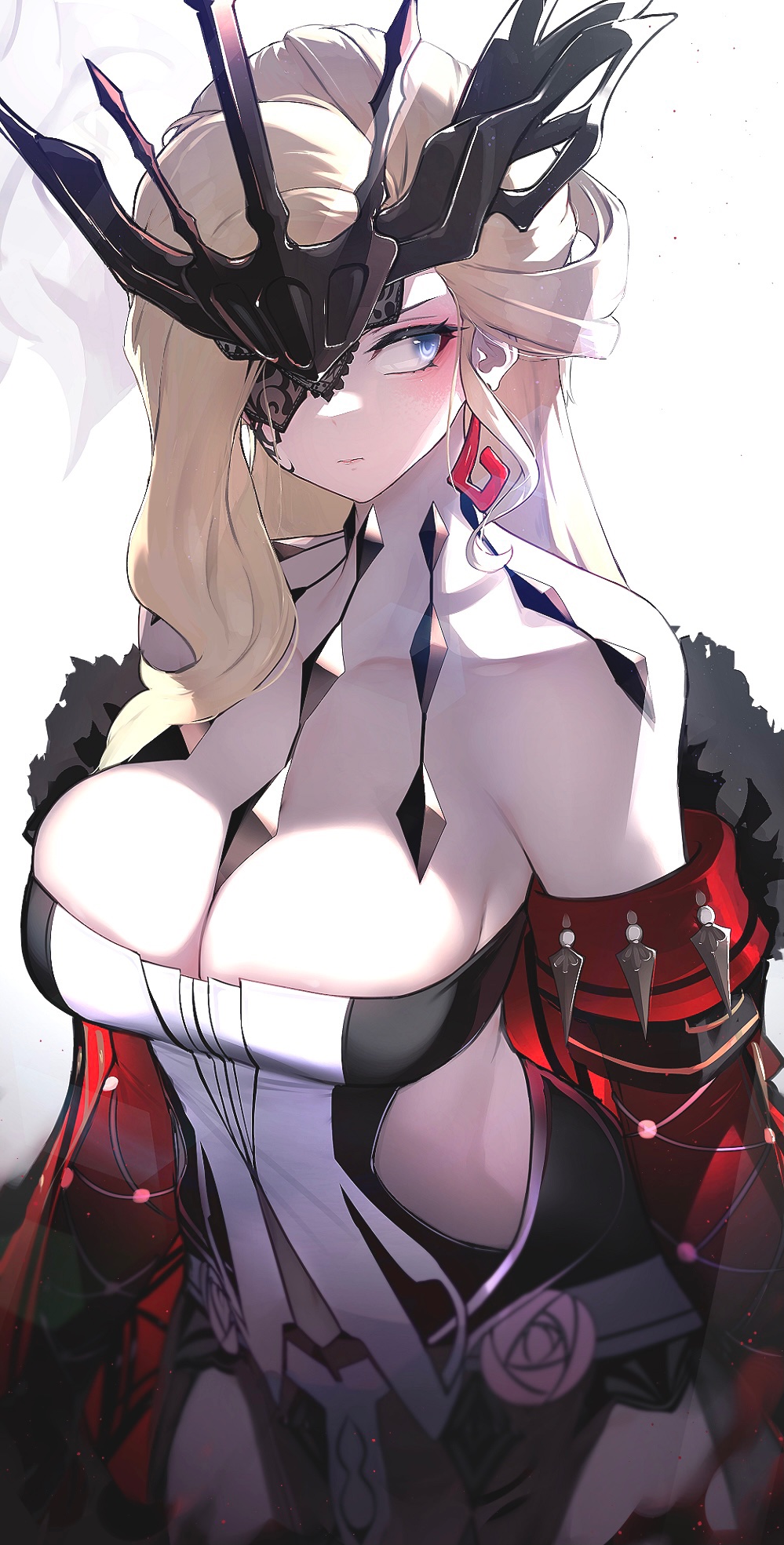 1girl bare_shoulders blonde_hair blue_eyes breasts closed_mouth clothing_cutout collarbone cowboy_shot dot_nose dress earrings eyelashes fur_trim genshin_impact highres jewelry kashu_(hizake) large_breasts long_hair looking_to_the_side navel_cutout pelvic_curtain side_cutout signora_(genshin_impact) simple_background strapless strapless_dress symbol-only_commentary white_background