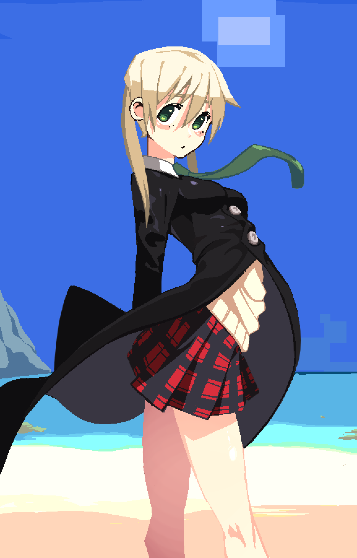 1girl arched_back beach beige_sweater black_jacket go_d_e green_eyes green_neckwear highres jacket light_brown_hair looking_at_viewer maka_albarn necktie ocean pixel_art plaid plaid_skirt pleated_skirt skirt solo soul_eater standing twintails