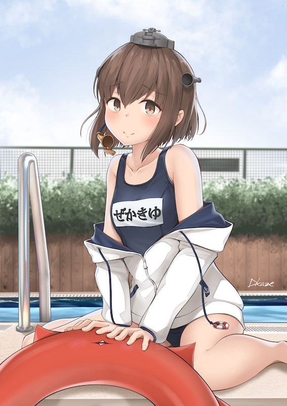 1girl blue_swimsuit breasts brown_eyes brown_hair day driftkingtw headgear hood hood_down hoodie kantai_collection long_sleeves official_alternate_costume one-piece_swimsuit outdoors poolside school_swimsuit seiza short_hair sitting small_breasts solo speaking_tube_headset swimsuit swimsuit_under_clothes white_hoodie yukikaze_(kancolle)