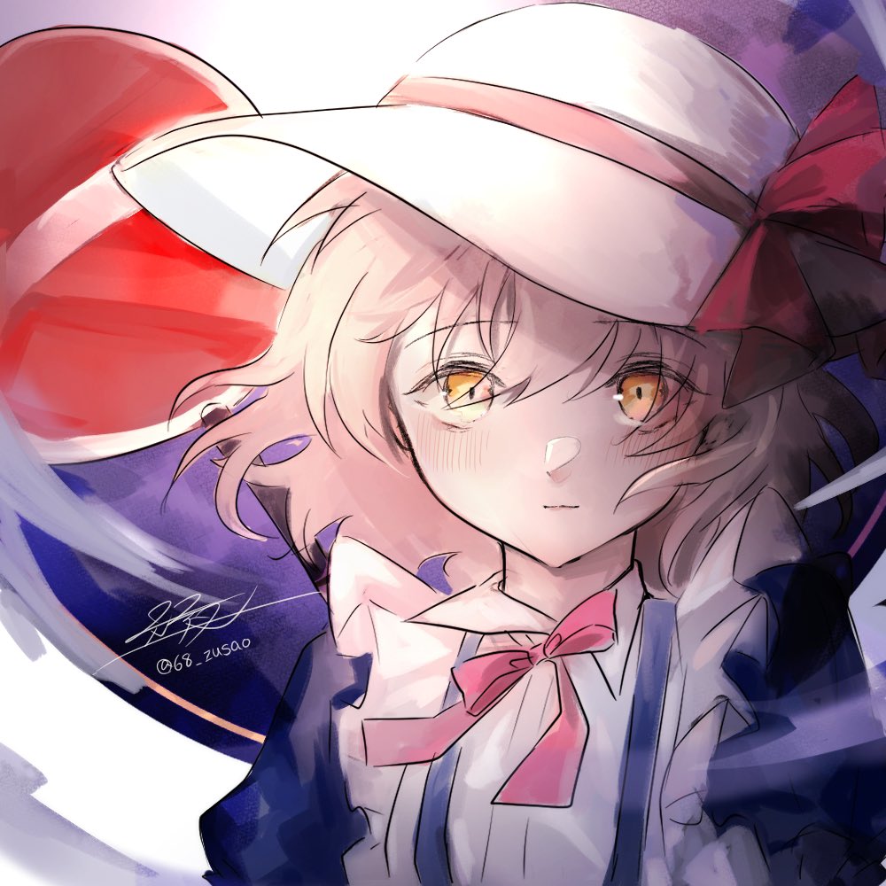 1girl blonde_hair blue_dress blush bow closed_mouth dress eyebrows_visible_through_hair frills hat hat_bow kana_anaberal looking_at_viewer red_bow red_neckwear red_ribbon ribbon rokuya_(68_zusao) short_hair signature touhou touhou_(pc-98) upper_body white_headwear yellow_eyes