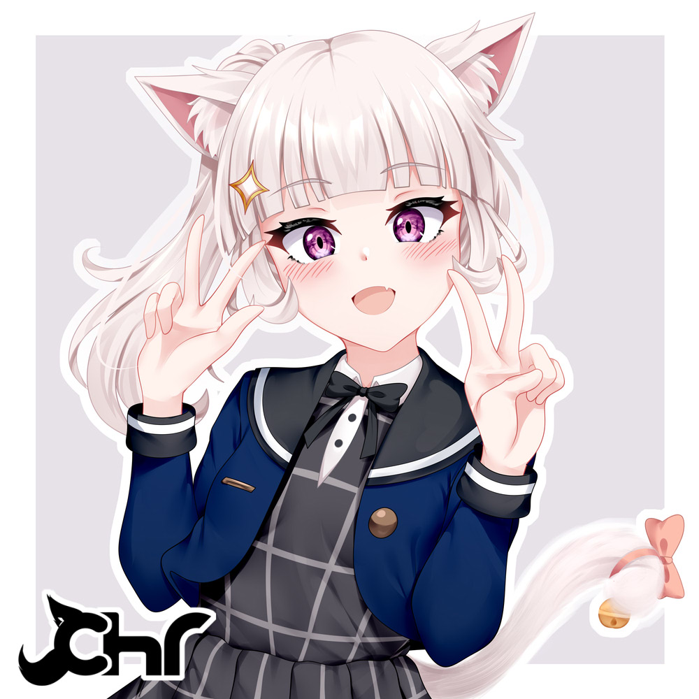 1girl :d animal_ear_fluff animal_ears bangs bell black_bow black_dress blue_jacket blush bow cat_ears cat_girl cat_tail chrisandita collared_dress commentary commission cropped_jacket double_v dress english_commentary eyebrows_visible_through_hair fang grey_background grey_hair hair_ornament hands_up jacket jingle_bell long_hair long_sleeves looking_at_viewer open_clothes open_jacket open_mouth original pink_bow ponytail smile solo tail tail_bell tail_bow tail_ornament tail_raised two-tone_background upper_body v violet_eyes white_background