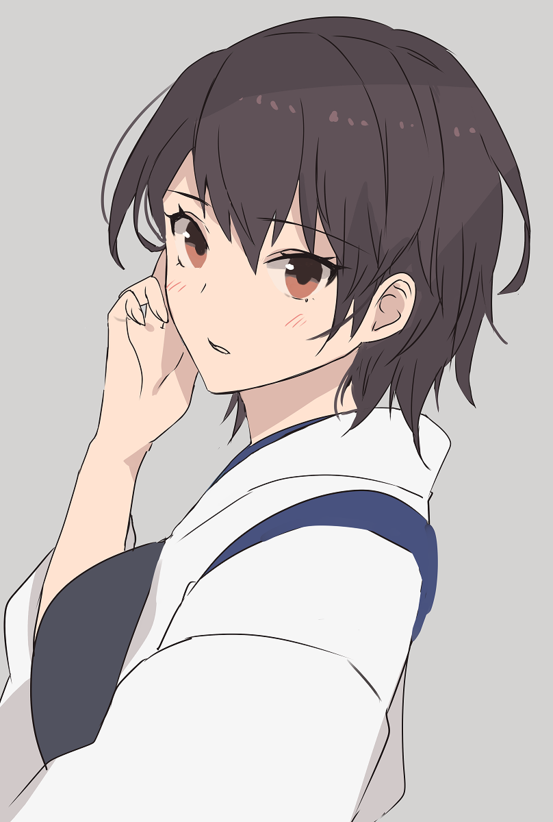 1girl alternate_hair_length alternate_hairstyle blush brown_eyes brown_hair fingernails from_side grey_background hand_up highres kaga_(kancolle) kantai_collection kasumi_(skchkko) looking_at_viewer looking_to_the_side muneate parted_lips short_hair simple_background solo