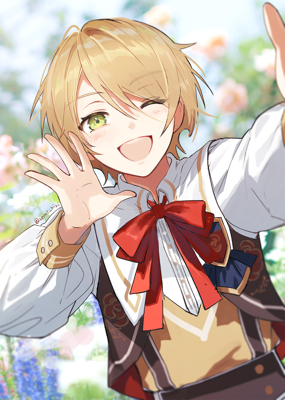 1boy blonde_hair blurry blurry_background brown_vest earrings ensemble_stars! eyebrows_visible_through_hair green_eyes hand_up highres jewelry looking_at_viewer male_focus neckerchief one_eye_closed open_mouth outdoors red_neckwear riri_(artist) shiratori_aira_(ensemble_stars!) shirt short_hair twitter_username upper_body vest white_shirt