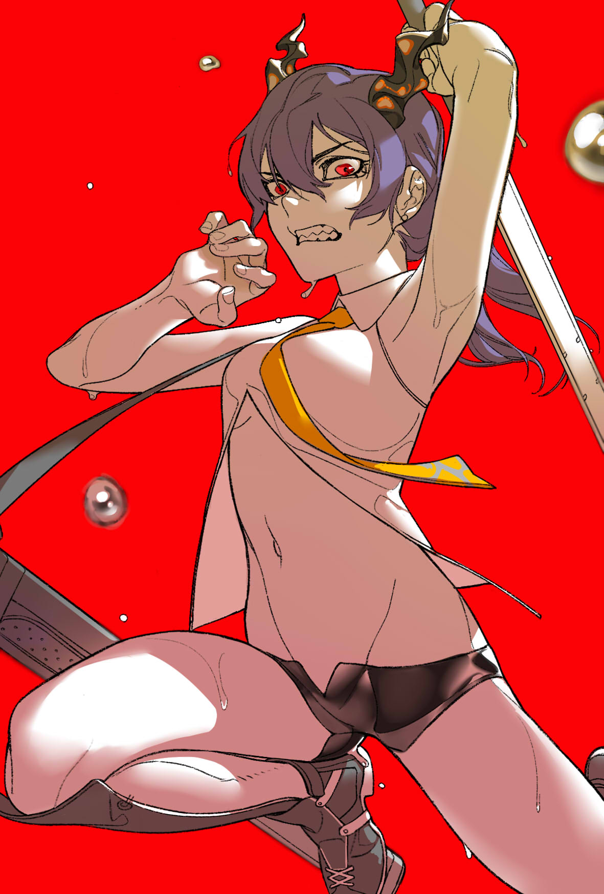 1girl angry arknights armpits blue_hair ch'en_(arknights) collared_shirt dragon_horns highres holding holding_sword holding_weapon horns incoming_attack long_hair looking_at_viewer midriff navel necktie open_mouth red_background red_eyes sheath shin_guards shirt short_shorts shorts shuiye_xing simple_background sleeveless solo sweatdrop sword twintails weapon white_shirt