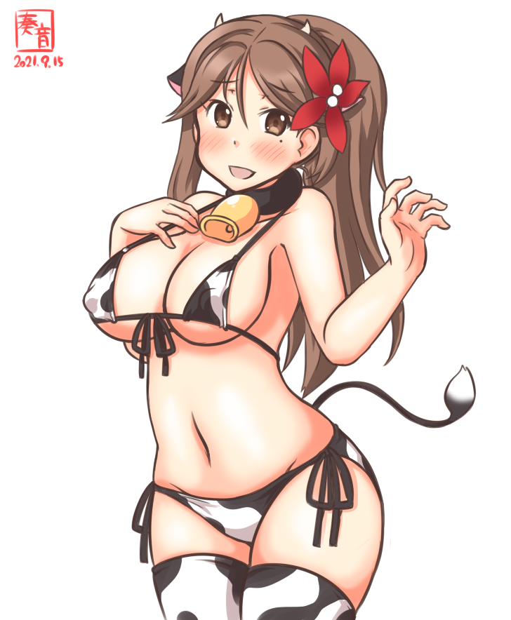 1girl alternate_costume amagi_(kancolle) animal_ears animal_print artist_logo bell bikini blush breasts brown_eyes brown_hair cow_ears cow_girl cow_horns cow_print cow_tail cowbell dated high_ponytail horns kanon_(kurogane_knights) kantai_collection large_breasts long_hair mole mole_under_eye navel neck_bell one-hour_drawing_challenge open_mouth print_bikini print_legwear simple_background smile solo swimsuit tail thigh-highs white_background wide_ponytail