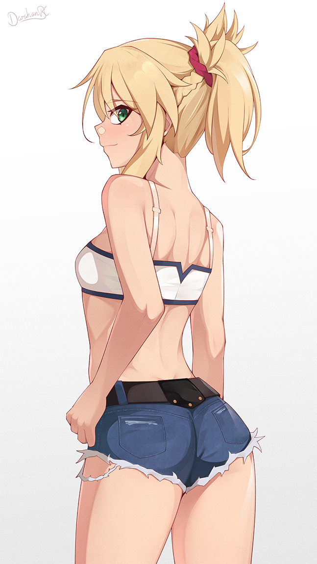 1girl artist_name ass back bangs bare_arms bare_shoulders belt blonde_hair braid breasts closed_mouth cowboy_shot darahan eyebrows_visible_through_hair facing_back fate_(series) french_braid green_eyes hair_ornament hair_scrunchie long_hair looking_at_viewer mordred_(fate) ponytail red_scrunchie scrunchie shorts small_breasts smile solo