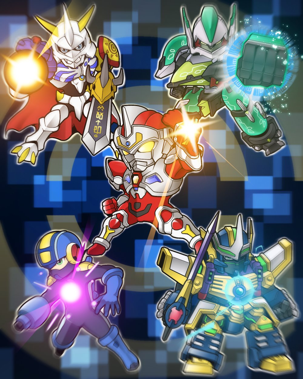 1boy arm_blade arm_cannon chibi clenched_hands crossover denkou_choujin_gridman dennou_boukenki_webdiver digimon digimon_(creature) gamiani_zero gladion_(webdiver) glowing green_eyes gridman_(character) highres holding holding_sword holding_weapon mask mecha mega_man_(series) mega_man_battle_network megaman.exe mouth_mask multiple_crossover omegamon open_hand srw_cover super_robot super_robot_wars sword tokusatsu trait_connection weapon yellow_eyes zegapain zegapain_altair
