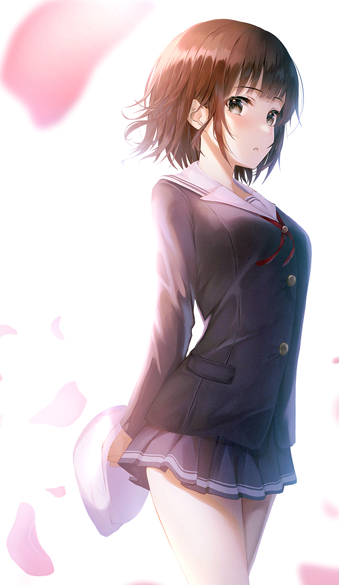 1girl :o arched_back arms_behind_back beret blazer bloom brown_eyes brown_hair cowboy_shot eyebrows_visible_through_hair from_side hat headwear_removed highres jacket katou_megumi looking_at_viewer medium_hair miniskirt neck_ribbon open_mouth petals pleated_skirt ribbon saenai_heroine_no_sodatekata sailor_collar school_uniform sideways_glance simple_background skirt solo thighs wind yk_(pixiv43531291)
