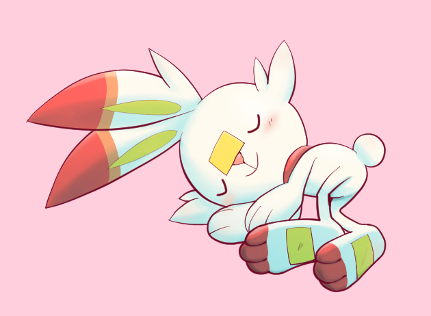 blush closed_eyes closed_mouth commentary_request full_body lying on_side pink_background pokemon pokemon_(creature) purobe scorbunny simple_background sleeping smile solo toes