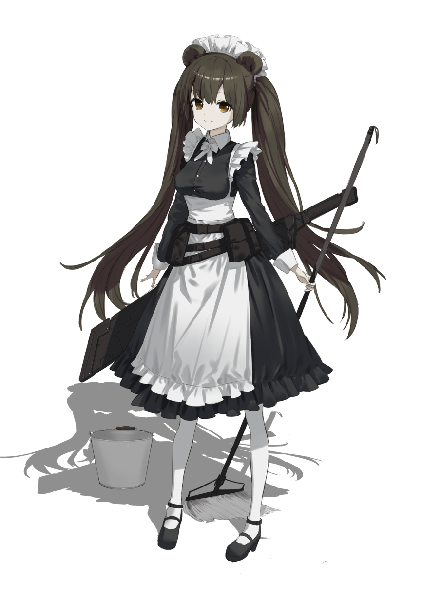 1girl animal_ears apron bear_ears belt belt_pouch black_dress black_footwear brown_belt brown_hair bucket closed_mouth copyright_request dress full_body highres holding holding_mop long_hair long_sleeves looking_at_viewer maid maid_apron maid_headdress mop pantyhose pouch shadow shoes simple_background smile solo sword twintails very_long_hair wasabi60 weapon white_apron white_background white_legwear