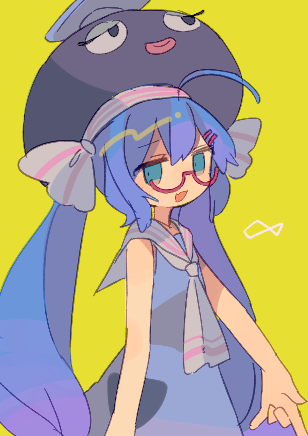 1girl :d \m/ ahoge animal_hat arm_at_side ascot bad_id bad_tumblr_id bangs bare_arms bare_shoulders blue_dress blue_eyes blue_hair daizu_(melon-lemon) dot_nose dress eel_hat eyes_visible_through_hair fang furrowed_brow glasses green_background grey_neckwear grey_ribbon grey_sailor_collar hair_between_eyes hair_ornament hairclip hat hat_ribbon highres jitome long_hair looking_at_viewer looking_to_the_side low_twintails mortarboard open_mouth otomachi_una pink-framed_eyewear ribbon sailor_collar sailor_dress semi-rimless_eyewear sidelocks simple_background skin_fang sleeveless sleeveless_dress smile solo standing twintails two-tone_neckwear two-tone_ribbon under-rim_eyewear upper_body very_long_hair vocaloid
