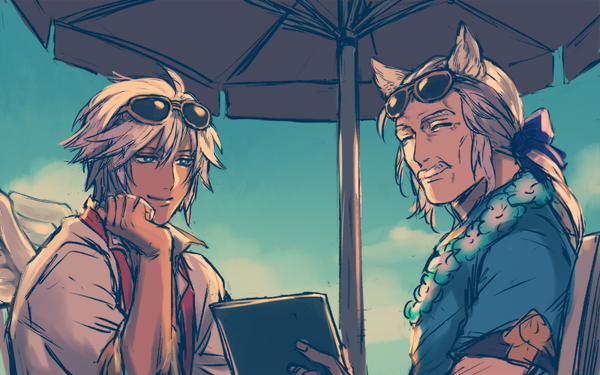 01rosso 2boys alanaan alternate_costume animal_ears blue_eyes closed_eyes erune facial_hair granblue_fantasy long_hair male_focus multiple_boys sevastian_(granblue_fantasy) short_hair sunglasses white_hair