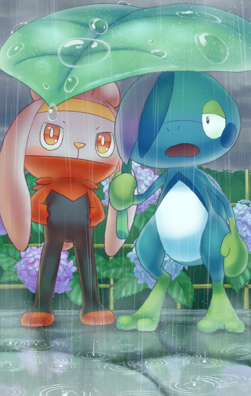 blush bright_pupils clouds cloudy_sky commentary_request drizzile hands_in_pockets highres holding improvised_umbrella no_humans open_mouth orange_eyes outdoors pokemon pokemon_(creature) purobe raboot rain sky standing toes water_drop white_pupils