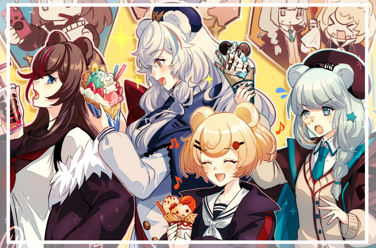 4girls animal_ears arknights bangs bear_ears bear_girl blonde_hair blue_eyes braid brown_hair crepe food gummy_(arknights) hair_ornament hairclip istina_(arknights) long_hair monocle multiple_girls rosa_(arknights) school_uniform short_hair silver_hair white_hair xroxxro yellow_eyes zima_(arknights)