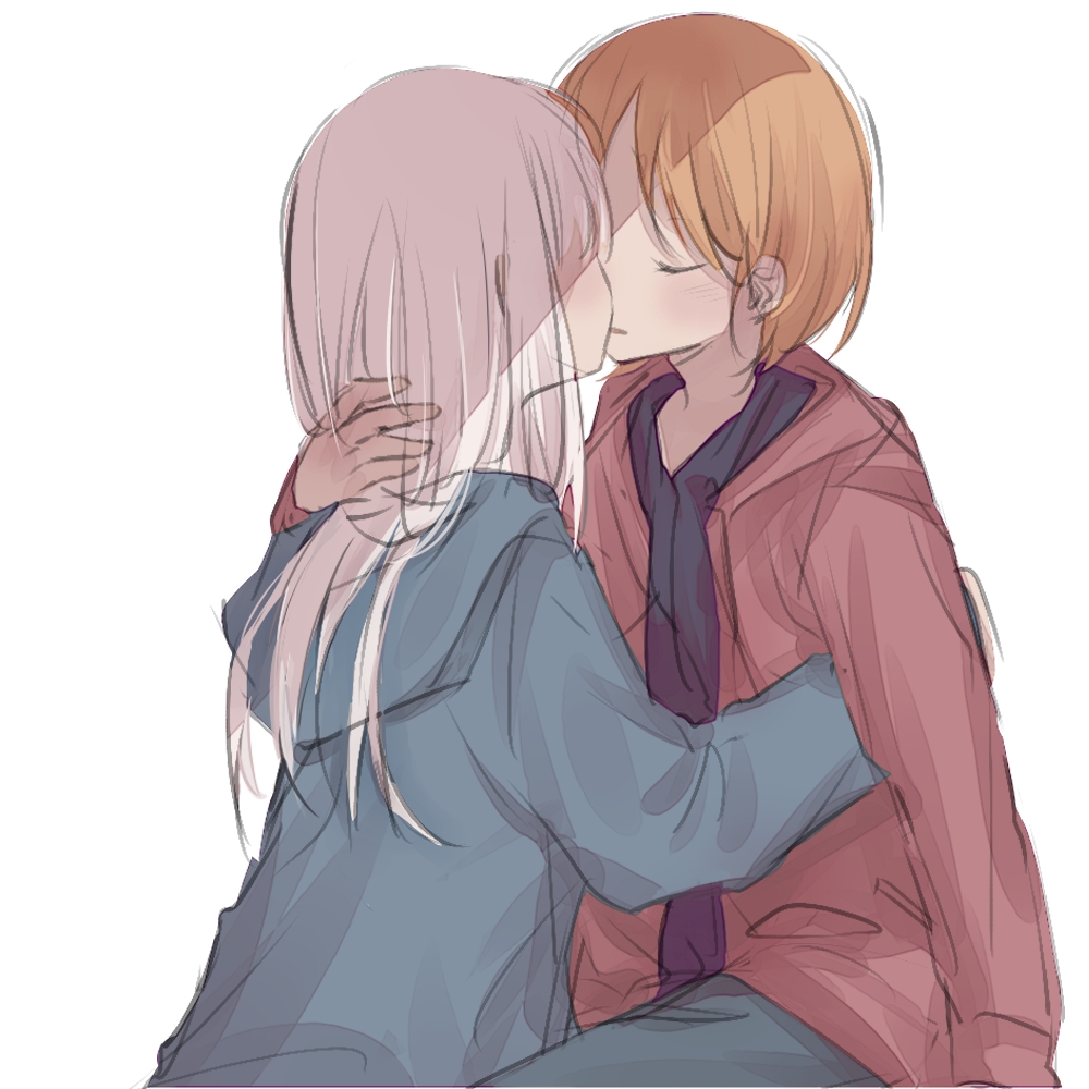 2girls blonde_hair closed_eyes hand_in_another's_hair imminent_kiss inuko_(ink0425) long_hair multiple_girls original short_hair sketch white_hair yuri