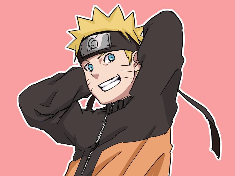 1boy :d arms_behind_head blonde_hair blue_eyes grin jacket long_sleeves looking_at_viewer looking_back naruto_(series) naruto_shippuuden ninja open_mouth pink_background pinoko_(pnk623) short_hair simple_background smile solo teeth uzumaki_naruto v-shaped_eyebrows