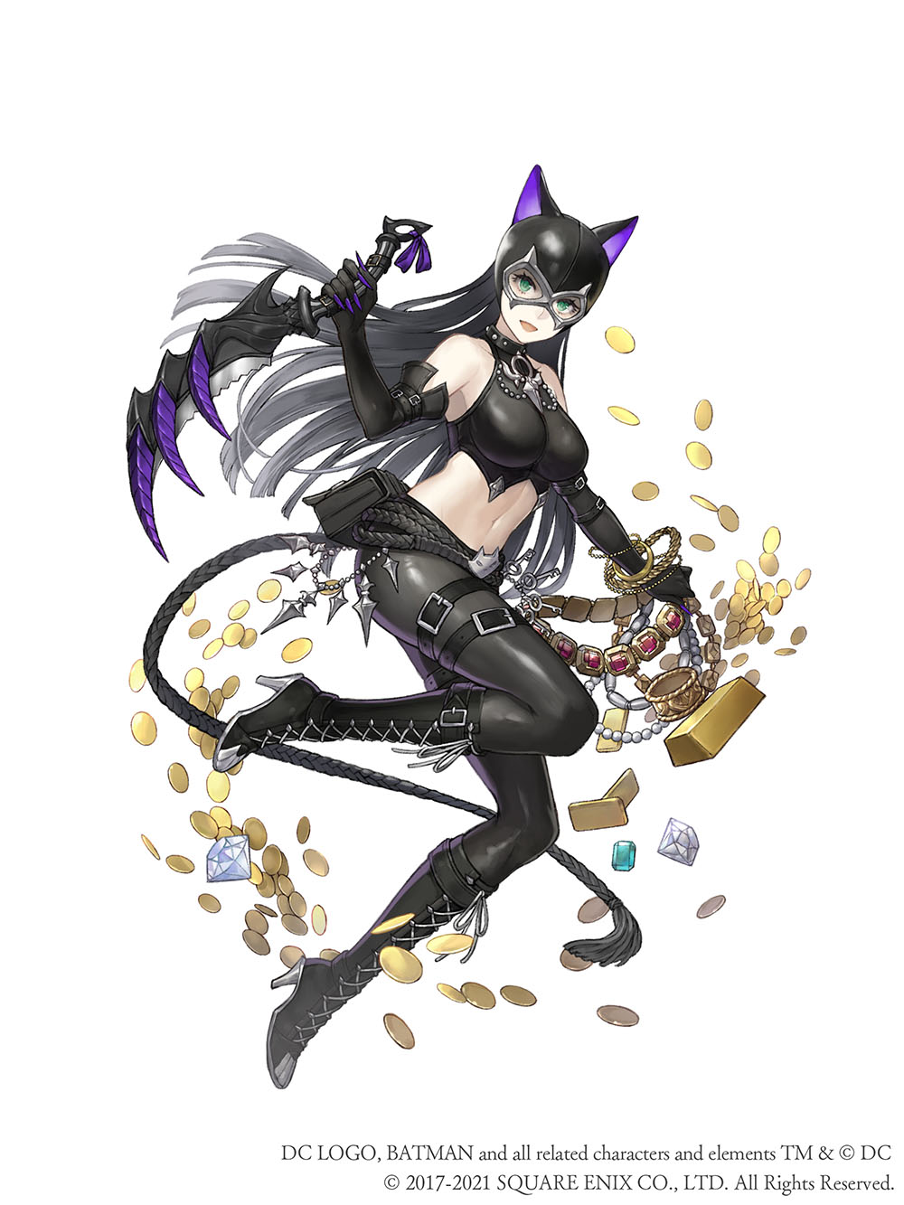 1girl :d animal_ear_headwear animal_ears bare_shoulders belt_pouch black_gloves black_hair black_legwear boots bracelet breasts cat_ears catwoman coin collar cross-laced_footwear crossover dagger dc_comics diamond_(gemstone) elbow_gloves emerald_(gemstone) fake_animal_ears fingernails full_body gem gloves gold gold_bar high_heel_boots high_heels highres jewelry ji_no knife large_breasts leather long_fingernails long_hair looking_at_viewer mask midriff navel necklace official_art open_mouth pearl_necklace pouch reverse_grip sinoalice skin_tight smile solo square_enix weapon whip white_background