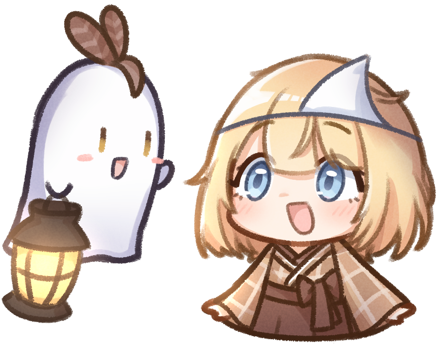 2girls :d \||/ blonde_hair blush boomei_(nanashi_mumei) brown_kimono chibi commentary english_commentary ghost hololive hololive_english japanese_clothes kimono moon_ldl multiple_girls nanashi_mumei open_mouth simple_background smile transparent_background triangular_headpiece virtual_youtuber watson_amelia