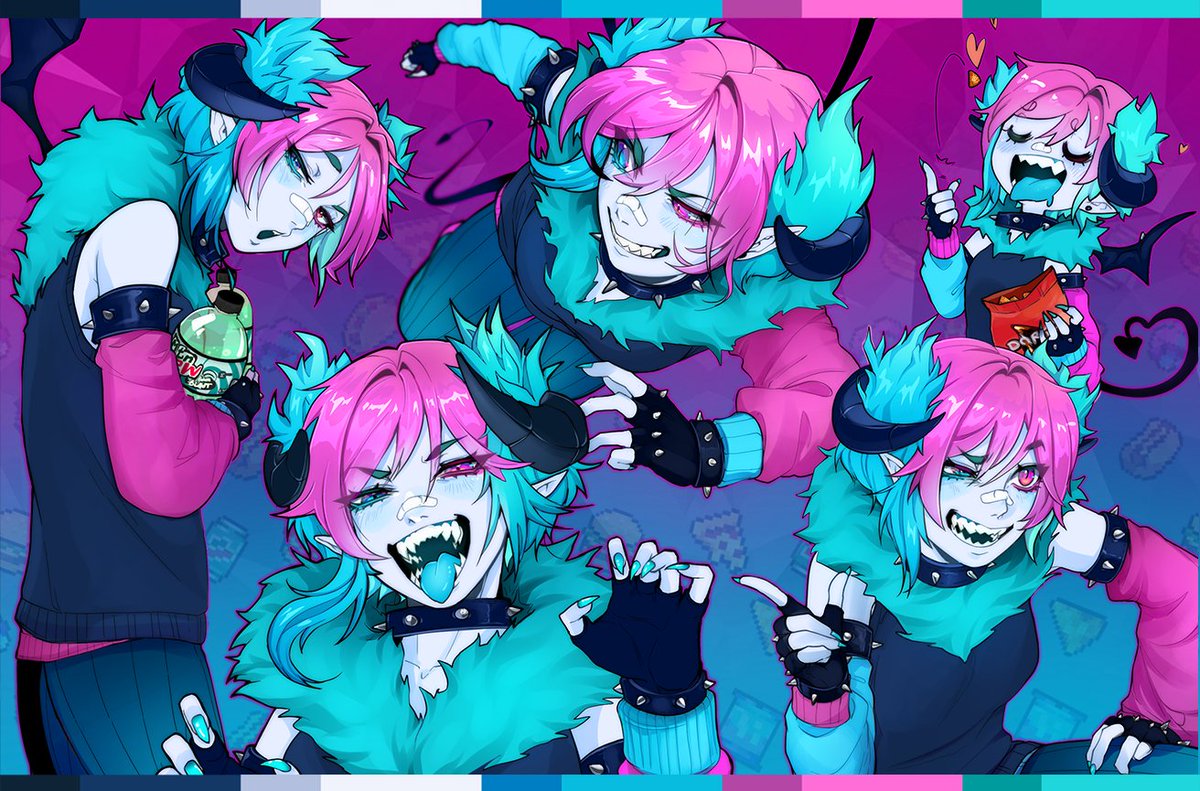 1girl bandaid bandaid_on_nose bare_shoulders blue_eyes blue_hair blue_tongue bottle bracelet breasts closed_eyes collar colored_tongue demon_girl demon_horns demon_tail demon_wings detached_sleeves doritos eating english_commentary eyebrows_visible_through_hair fingerless_gloves food fream_(vtuber) gloves hair_between_eyes heterochromia holding holding_bottle holding_food horns indie_virtual_youtuber jewelry looking_at_viewer mountain_dew multiple_views open_mouth pink_eyes pink_hair pointy_ears second-party_source sharp_teeth slit_pupils small_breasts soda_bottle spiked_armlet spiked_bracelet spiked_collar spikes tail teeth tiredcatmom tongue virtual_youtuber wings