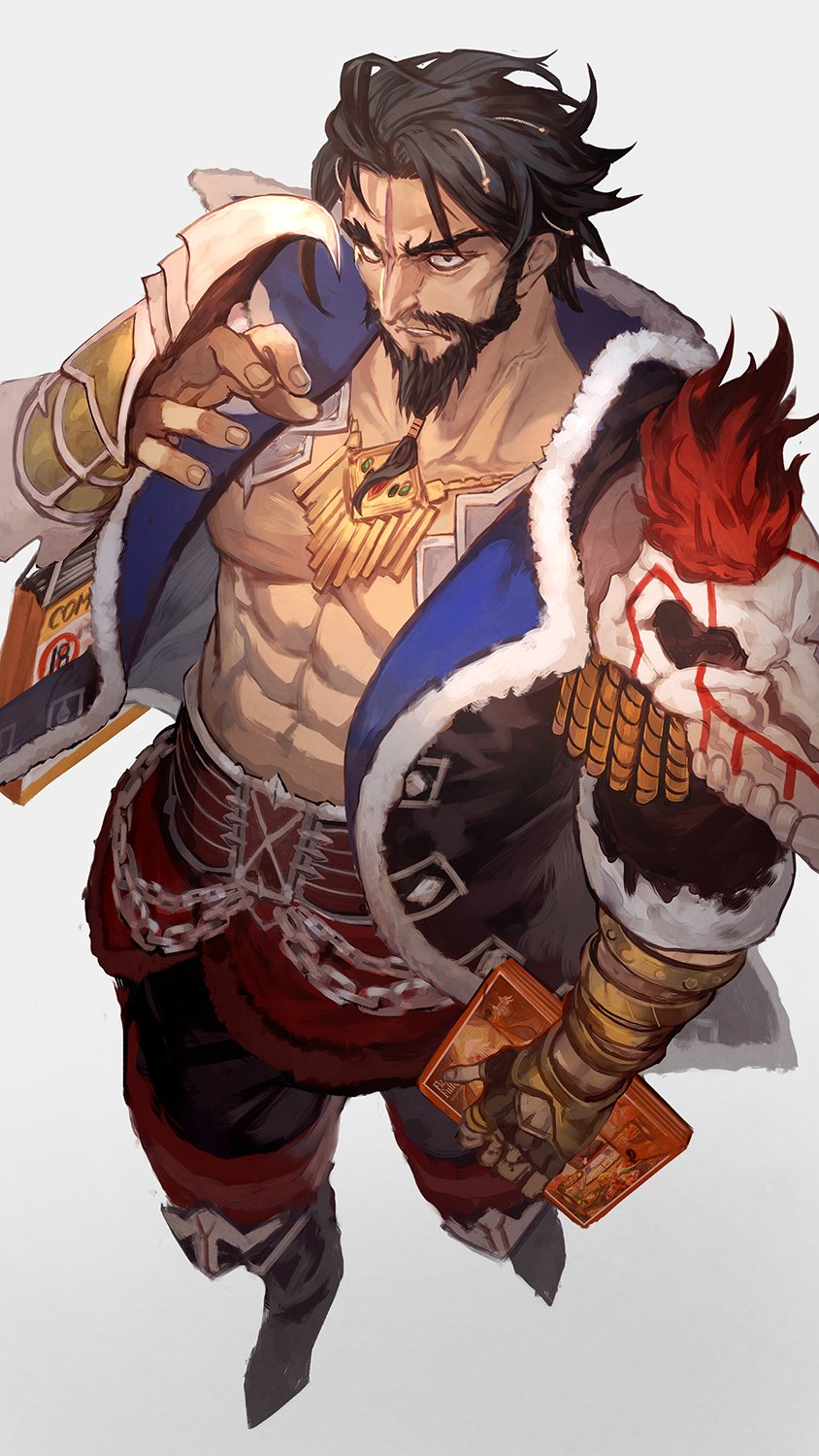 1boy armor bag beard belt black_hair boots coat edward_teach_(fate) facial_hair fate/grand_order fate_(series) fingerless_gloves gloves highres hook jewelry lack male_focus manga_(object) pants pauldrons pendant scar scar_on_face shirtless shopping_bag shoulder_armor