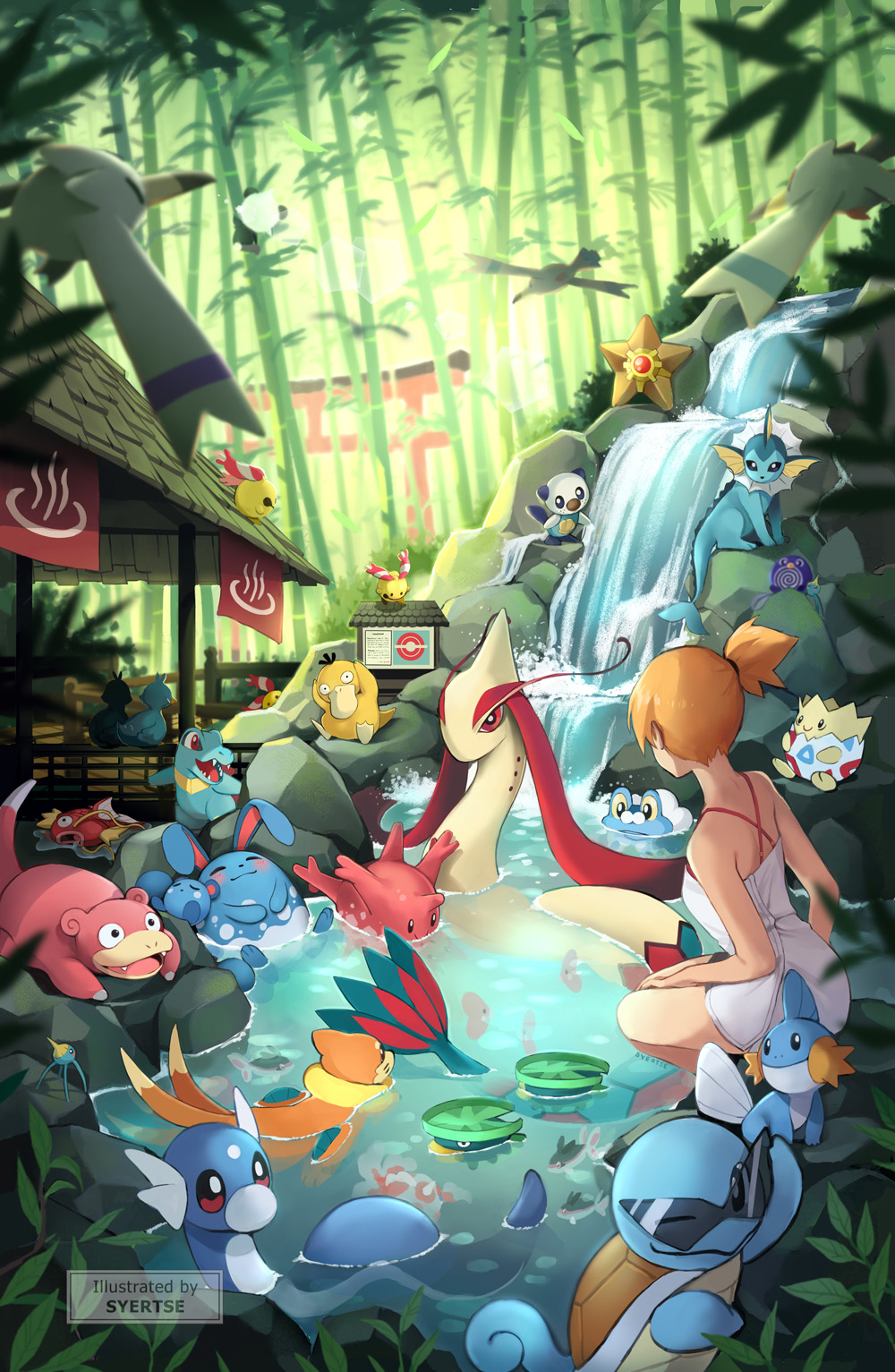 1girl azumarill azurill back bikini buizel froakie goldeen highres lotad luvdisc magikarp misty_(pokemon) mudkip naked_towel onsen orange_hair partially_submerged pokemon pokemon_(creature) pokemon_(game) psyduck short_hair side_ponytail slowpoke squirtle staryu sunglasses swimsuit syertse togepi totodile towel water waterfall wingull