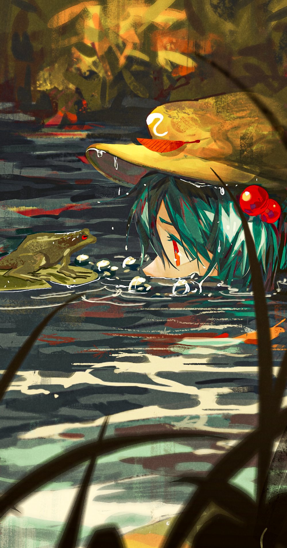 1girl bangs blue_hair blurry blurry_foreground bubble flat_cap frog from_side hair_bobbles hair_ornament hat highres kawashiro_nitori leaf lily_pad looking_at_another ouka_musci outdoors partially_submerged plant red_eyes touhou two_side_up water yellow_headwear