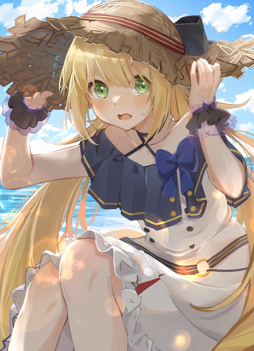 1girl artoria_pendragon_(caster)_(fate) artoria_pendragon_(fate) blonde_hair blush bow dress fate/grand_order fate_(series) green_eyes hat holding holding_clothes holding_hat long_hair mayu-mayu1026 sleeveless sleeveless_dress straw_hat twintails wrist_cuffs