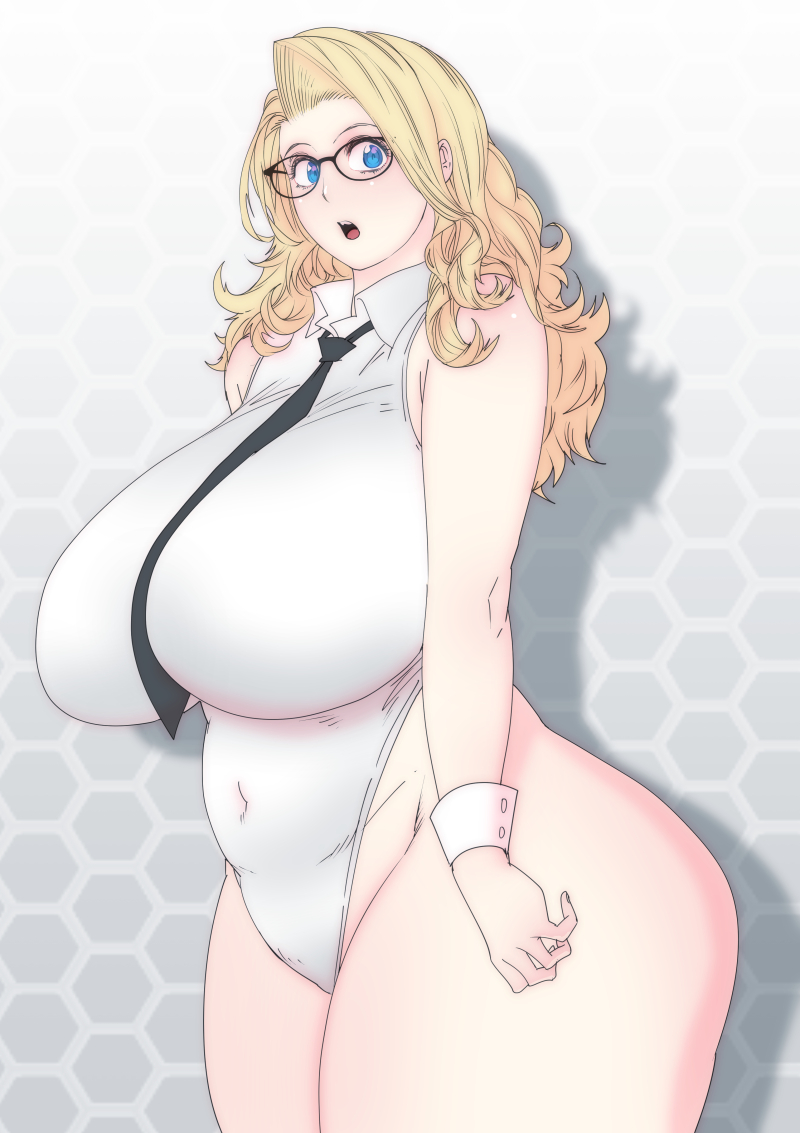 1girl ass black_neckwear blonde_hair blue_eyes breasts butcherboy collared_leotard covered_navel cowboy_shot glasses gradient gradient_background hexagon huge_breasts large_breasts leotard long_hair looking_at_viewer mature_female necktie open_mouth original plump shadow solo teeth thighs tongue wavy_hair white_leotard wrist_cuffs