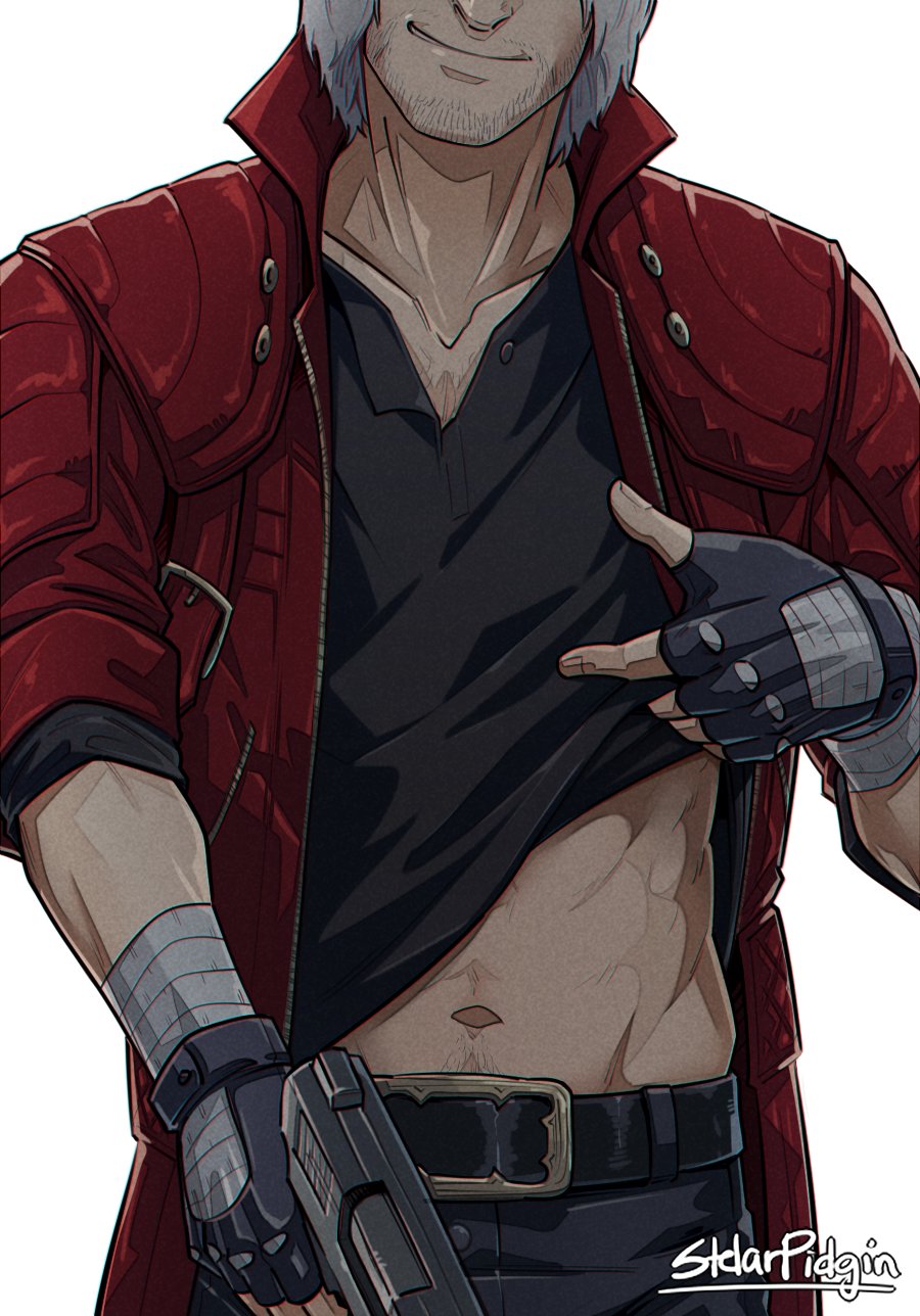 1boy artist_name bandaged_hands bandages beard belt black_gloves black_pants black_shirt clothes_lift coat dante_(devil_may_cry) devil_may_cry_(series) devil_may_cry_5 facial_hair fingerless_gloves gloves gun head_out_of_frame highres holding holding_gun holding_weapon long_coat male_focus navel open_clothes open_coat pants red_coat shirt shirt_lift simple_background smile solo stelarpidgin toned toned_male weapon white_background white_hair