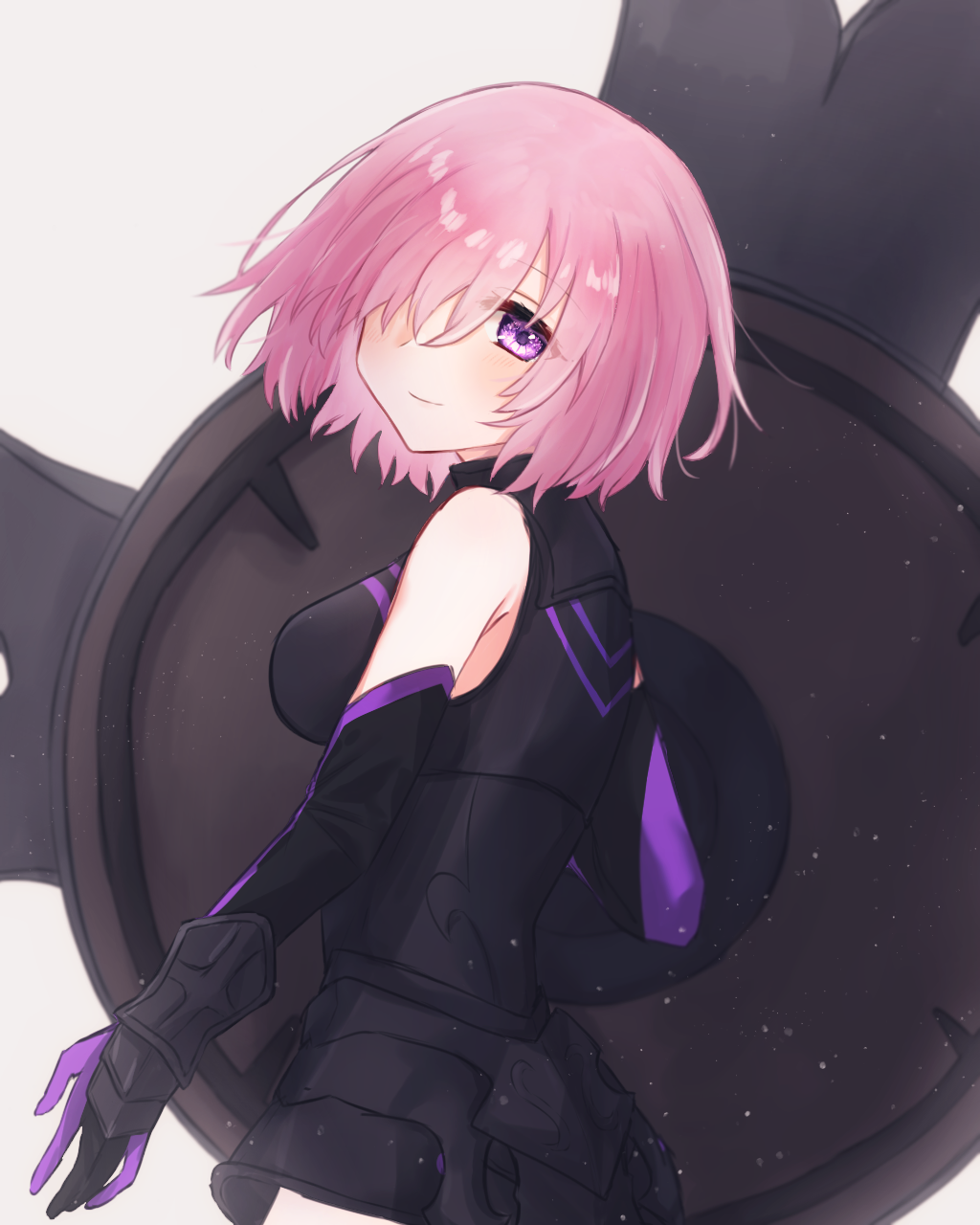 0331haru 1girl armor bare_shoulders black_armor blush boobplate closed_mouth commentary_request detached_sleeves eyebrows_visible_through_hair fate/grand_order fate_(series) gauntlets hair_over_one_eye harukappa highres holding holding_shield holding_weapon looking_at_viewer mash_kyrielight one_eye_covered pink_hair shield shielder_(fate/grand_order) short_hair smile solo violet_eyes weapon white_background