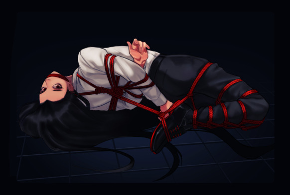 arms_behind_back bdsm black_footwear black_hair black_pants bondage bound bound_legs danganronpa_(series) gag gagged kamukura_izuru looking_at_viewer pants red_rope rei_(tdn_ng) restrained rope shibari shirt shoes tied_up white_shirt