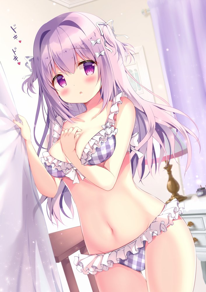 1girl :o azumi_kazuki bare_arms bare_shoulders bikini blush bow breasts commentary_request curtains desk_lamp frilled_bikini frills hair_bow hair_intakes hair_ribbon hands_up indoors lamp long_hair looking_at_viewer medium_breasts navel original parted_lips plaid plaid_bikini purple_bikini purple_hair ribbon solo standing swimsuit translation_request transparent two_side_up very_long_hair violet_eyes white_bow white_ribbon