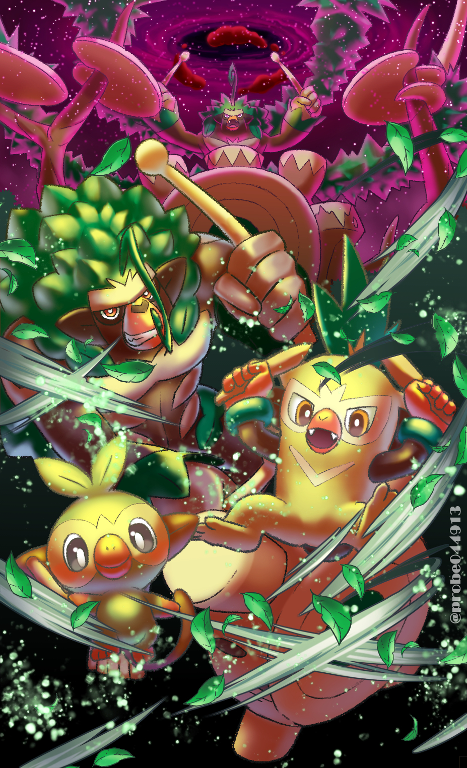 bright_pupils brown_eyes closed_mouth clouds commentary_request fangs gigantamax gigantamax_rillaboom grin grookey highres holding holding_stick leaves_in_wind looking_at_viewer open_mouth pokemon pokemon_(creature) purobe rillaboom smile stick teeth thwackey white_pupils