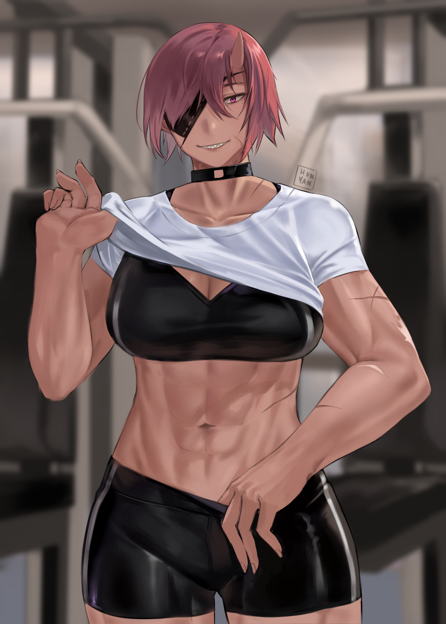 1girl abs artist_name biceps black_choker black_shorts black_sports_bra blurry blurry_background choker cowboy_shot eyepatch highres hunyan muscular muscular_female navel original parted_lips purple_hair scar scar_on_arm shirt short_hair short_sleeves shorts smile solo sports_bra white_shirt