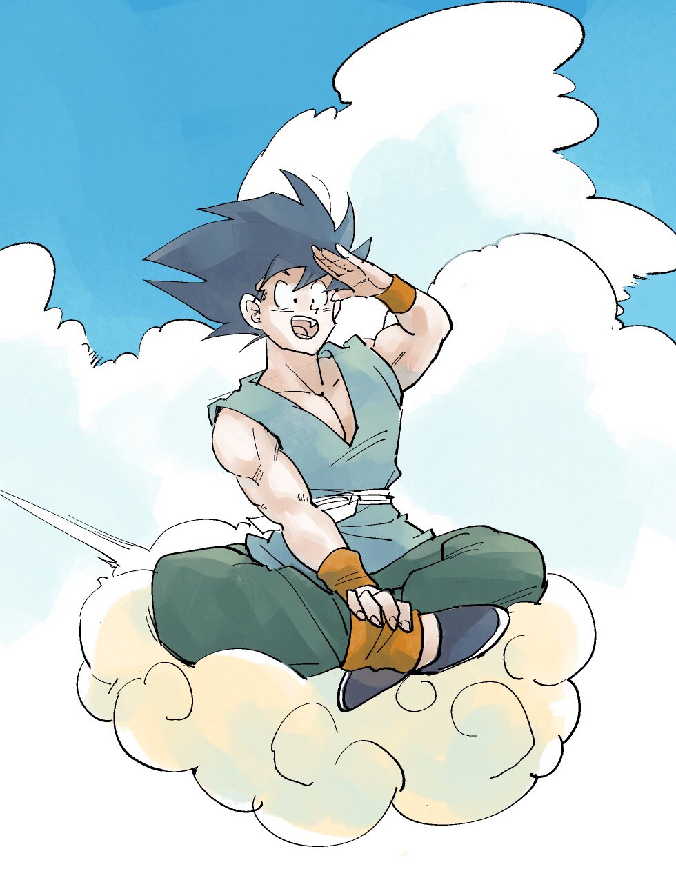 1boy black_eyes black_footwear black_hair blue_sky clouds cloudy_sky day dougi dragon_ball dragon_ball_z facing_viewer fingernails flying flying_nimbus full_body green_pants hand_on_ankle hand_on_own_face hand_on_own_leg hand_up happy highres indian_style kz_(dbz_kz) leg_warmers looking_afar male_focus messy_hair muscular muscular_male obi open_mouth orange_wristband outdoors pants pectorals sash shading_eyes shoes sitting sky son_goku teeth white_sash wide-eyed wristband