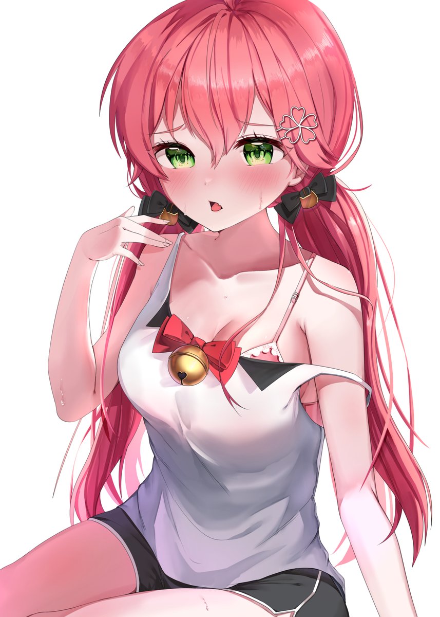 1girl bangs bare_shoulders bell black_shorts blush bow bra breasts collarbone commentary eyebrows_visible_through_hair flower green_eyes hair_between_eyes hair_flower hair_ornament highres hololive jingle_bell jua_k01 large_breasts long_hair looking_at_viewer open_mouth pink_bra red_bow red_eyes sakura_miko shirt short_shorts shorts simple_background sitting sleeveless sleeveless_shirt solo strap_slip sweat symbol-only_commentary tongue tongue_out twintails underwear virtual_youtuber white_background white_shirt