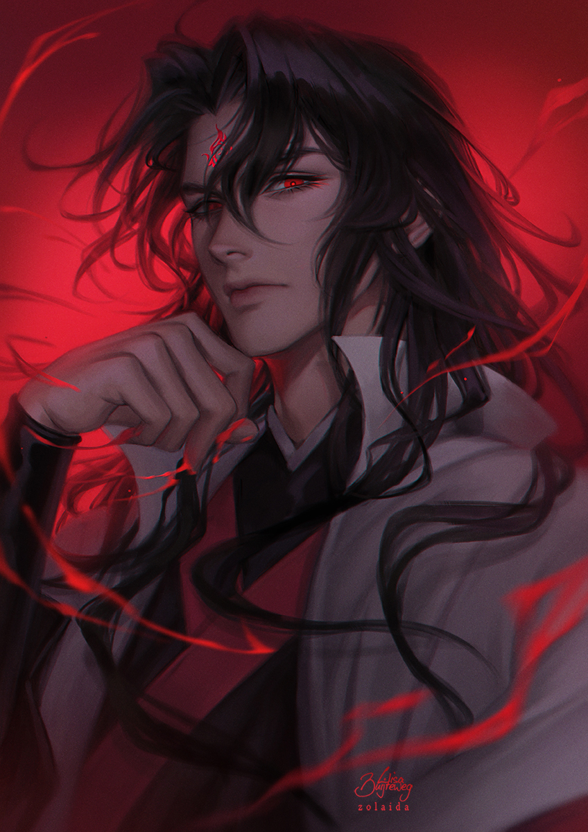 1boy black_hair black_nails character_request check_character english_commentary eyelashes facial_mark forehead_mark glowing hand_up highres hua_cheng lisa_buijteweg long_hair long_sleeves looking_at_viewer male_focus red_eyes tian_guan_ci_fu upper_body wind