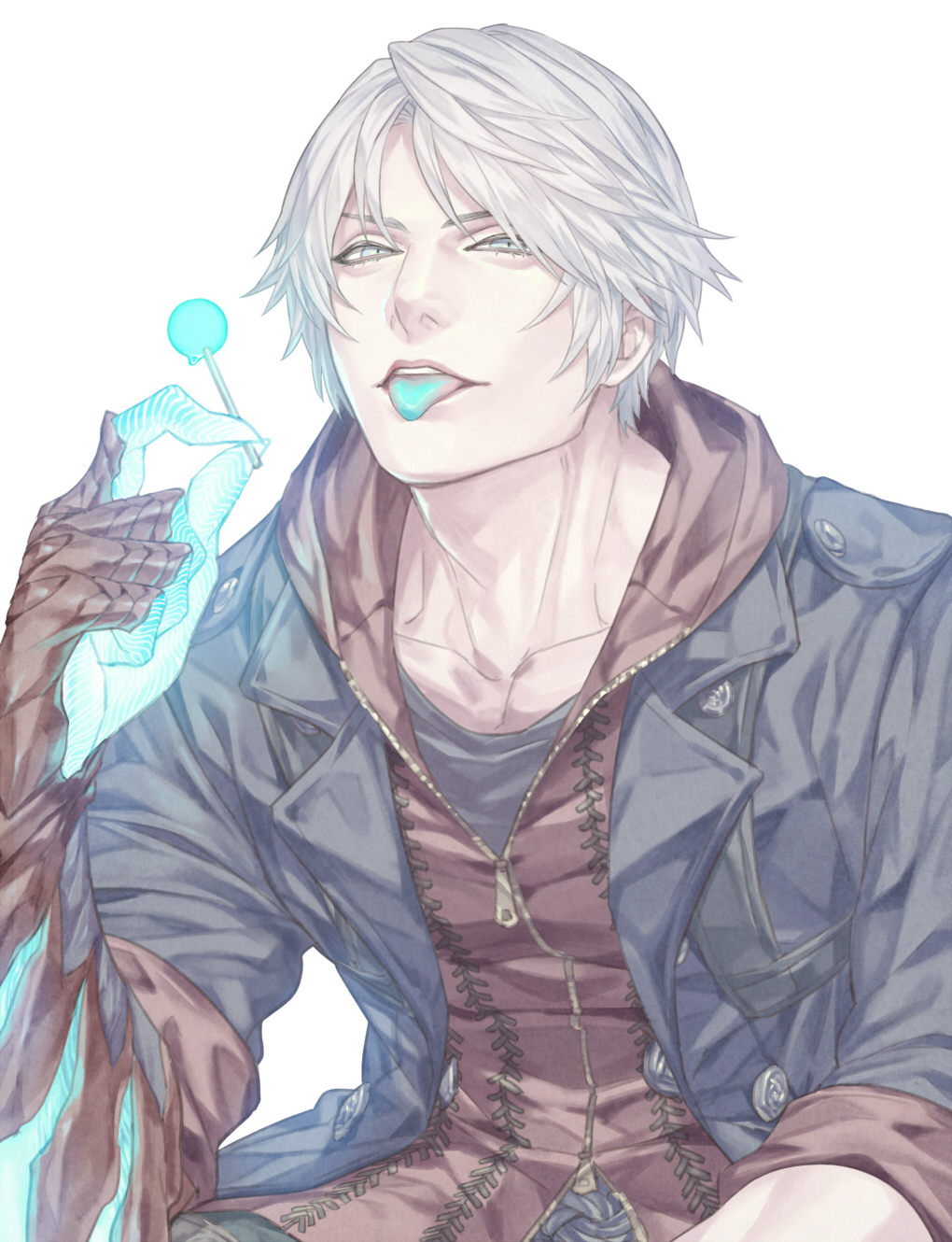 1boy blue_eyes blue_jacket blue_tongue candy colored_tongue devil_bringer devil_may_cry_(series) food half-closed_eyes highres holding holding_candy holding_food hood hood_down hoodie jacket looking_at_viewer male_focus nero_(devil_may_cry) open_clothes open_jacket red_hoodie short_hair simple_background solo talgi tongue tongue_out upper_body white_background white_hair