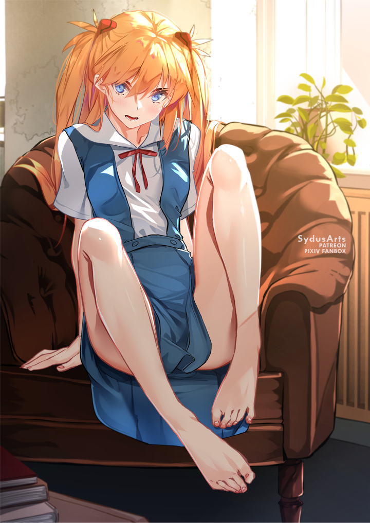 1girl artist_name barefoot blue_eyes blue_skirt couch feet hair_between_eyes legs long_hair looking_at_viewer neon_genesis_evangelion on_couch open_mouth orange_hair red_neckwear red_ribbon ribbon school_uniform short_sleeves sitting skirt solo souryuu_asuka_langley sydus toenails toes