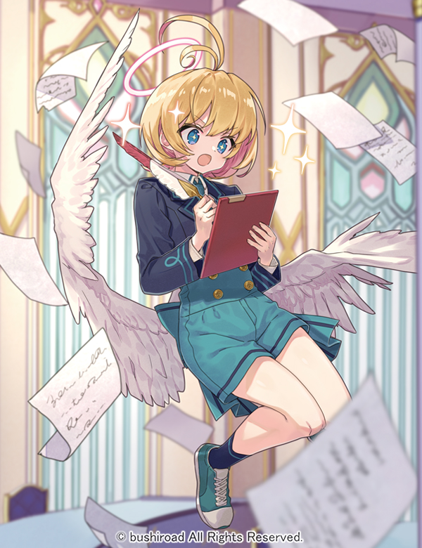 +_+ 1girl antenna_hair bangs black_jacket black_legwear blonde_hair blue_eyes blue_footwear blue_skirt cardfight!!_vanguard character_request clipboard collared_shirt commentary_request eyebrows_visible_through_hair feathered_wings full_body halo holding jacket long_sleeves miyoshino official_art open_mouth quill shirt shoes skirt socks solo sparkle v-shaped_eyebrows white_shirt white_wings wings