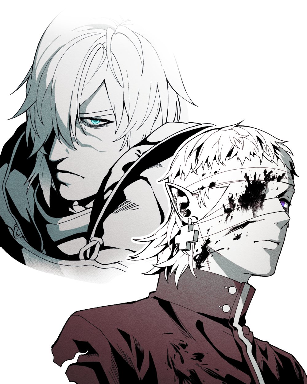 2boys alchemy_stars bandage_over_one_eye bandages blood blood_on_bandages blue_eyes closed_mouth commentary constantine_(alchemy_stars) cross cross_earrings earrings hair_over_one_eye high_collar highres jacket jewelry looking_at_viewer male_focus monochrome multiple_boys nails_(alchemy_stars) ng_haeng partially_colored pointy_ears portrait scar scar_on_face scar_on_nose short_hair simple_background spot_color violet_eyes white_background