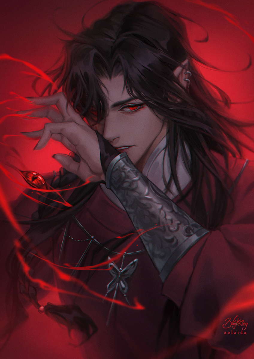 1boy arm_up black_hair black_nails blood bracer character_request check_character english_commentary eyelashes fingernails gem hair_over_one_eye highres hua_cheng jewelry lisa_buijteweg long_hair long_sleeves looking_at_viewer male_focus necklace pointy_ears red_eyes ring sharp_fingernails tian_guan_ci_fu upper_body wind
