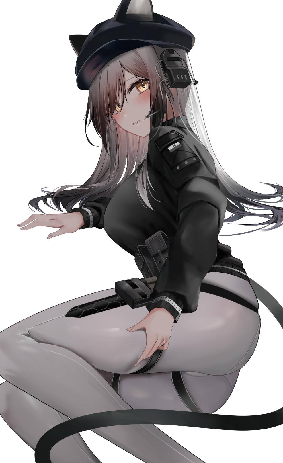 1girl animal_ears arknights arm_support ass black_hair black_headwear black_sweater breasts brown_hair cat_ears cat_girl cat_tail ears_through_headwear feet_out_of_frame gradient_hair grey_pants hair_over_one_eye headset highres large_breasts long_sleeves looking_at_viewer lying multicolored_hair official_alternate_costume on_side pants parted_lips pouch ru_zhai schwarz_(arknights) schwarz_(skyline)_(arknights) solo sweater tail tight tight_pants yellow_eyes