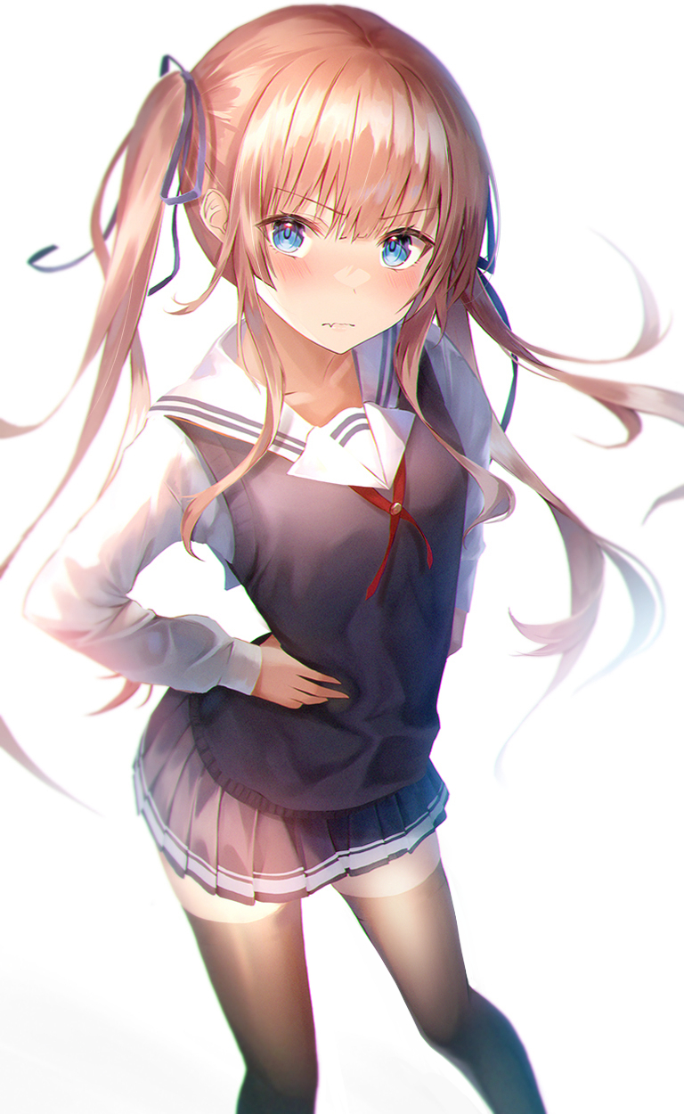1girl black_legwear blue_eyes blush brown_hair closed_mouth collarbone eyebrows_visible_through_hair fang feet_out_of_frame from_above frown furrowed_brow hands_on_hips highres long_hair looking_at_viewer miniskirt neck_ribbon pleated_skirt ribbon saenai_heroine_no_sodatekata sawamura_spencer_eriri school_uniform simple_background skin_fang skirt solo thigh-highs twintails vest white_background yk_(pixiv43531291) zettai_ryouiki
