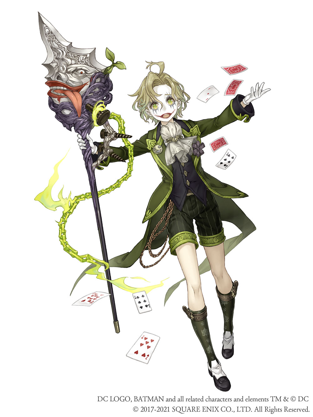 1boy ahoge ascot card chain character_pin cosplay crossover dc_comics emil_(nier) full_body gloves green_eyes green_hair highres holding holding_staff ji_no joker_(dc) joker_(dc)_(cosplay) makeup nier_(series) official_art pin pinocchio_(sinoalice) playing_card shorts sinoalice solo square_enix staff tailcoat tongue tongue_out upper_teeth white_background white_gloves