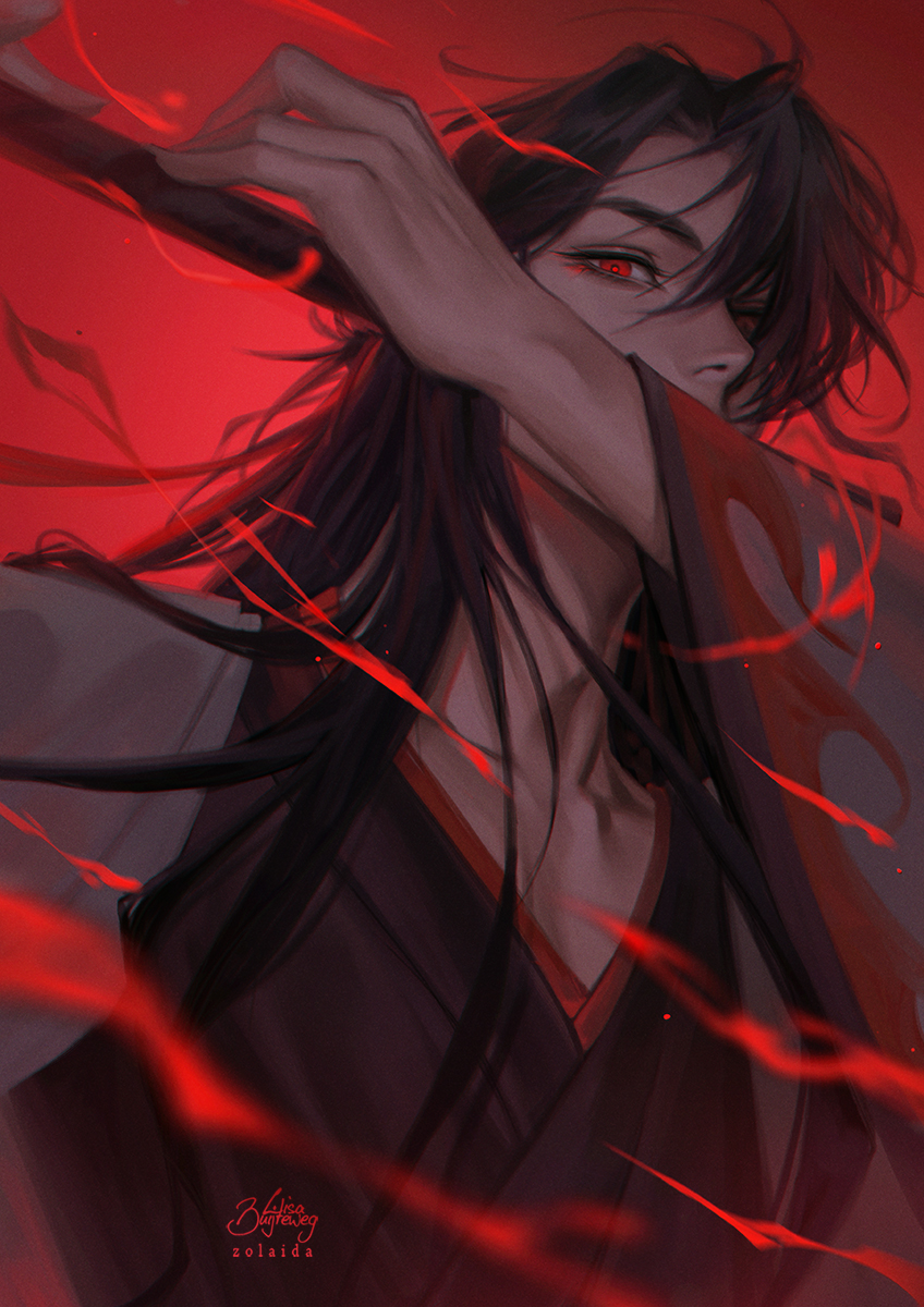 1boy black_hair black_nails character_request check_character eyelashes flute highres hua_cheng instrument jewelry lisa_buijteweg long_hair long_sleeves looking_at_viewer male_focus pectoral_cleavage pectorals petals red_eyes ring tian_guan_ci_fu upper_body v-neck wide_sleeves