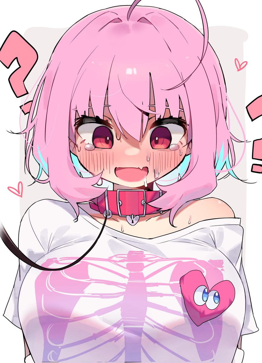 1girl ? ?? ahoge arms_behind_back blue_hair blush bone_print breasts embarrassed fang full-face_blush hair_intakes heart highres idolmaster idolmaster_cinderella_girls large_breasts leash leather_choker looking_away looking_down mg_pong multicolored_hair pink_hair print_shirt shirt short_hair simple_background skin_fang solo sweat tearing_up two-tone_hair upper_body yumemi_riamu